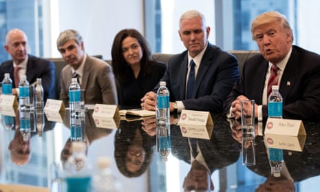 Digital powers behind the throne: Donald Trump and Mike Pence confer with Amazon’s Jeff Bezos, Larry Page of Google and Sheryl Sandberg of Facebook at Trump Tower.