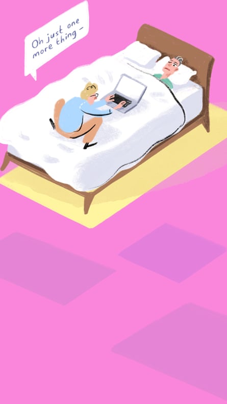 Illustration of man in bed with woman crouching on top of his duvet typing on a laptop