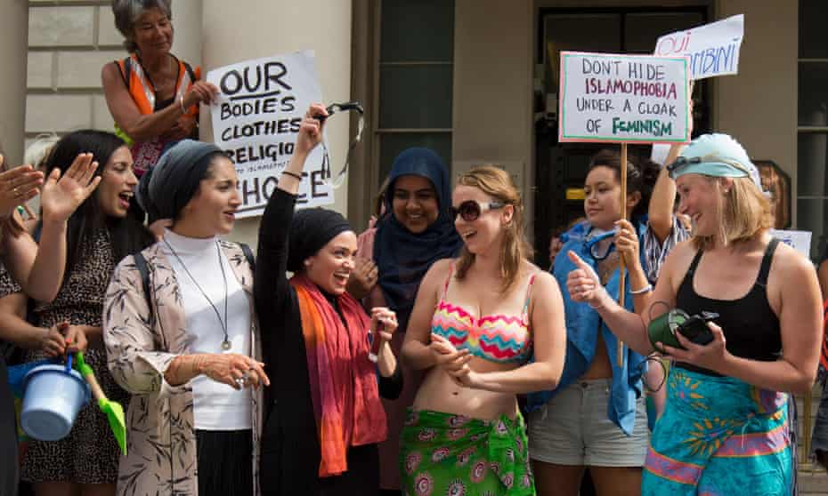 Protesters against the burkini ban, outside the French embassy in London