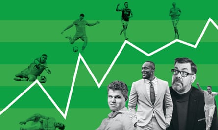 A composite image of a jagged white line going up on a green graph, with football players above the line and Magnus Carlsen, Stormzy, Richard Osman and Stuart Broad below it