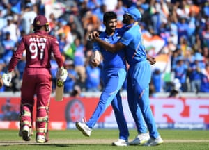 India’s Jasprit Bumrah celebrates with captain Virat Kohli (right) the wicket of West Indies’ Fabian Allen for a duck.