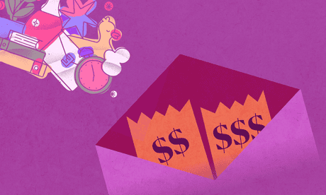 illustration of an envelope with pieces of paper with dollar signs on them