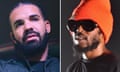 Composite of Drake on the left ad Kendrick Lamar wearing a orange hat and black classes on the right
