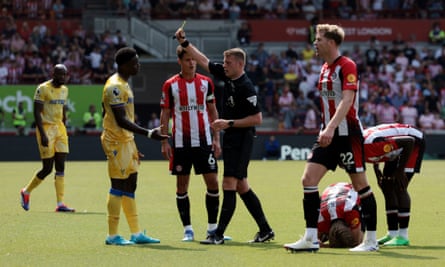 Marc Guéhi is booked during Crystal Palace’s 2-1 defeat at Brentford.