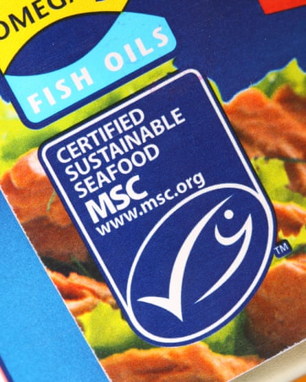 The Marine Stewardship Council logo on a tin of tuna certified as sustainable seafood