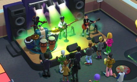 Images of characters performing a concert in Two Point Campus, a management simulation game