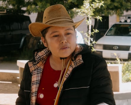 Vivian Palomequi, the leader of a lowland peasant farmer’s union, wearing a hat and hooded jacket.