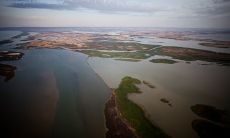Barrages separating Lake Alexandrina from the saltwater of the Coorong near the mouth of the Murray River