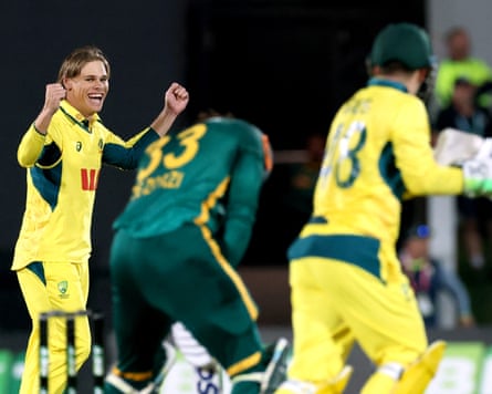CRICKET-AUS-RSAAustralia's Cooper Connolly (left) celebrates after taking the wicket of South Africa's Tony de Zorzi.