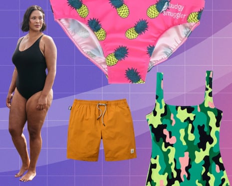 A model in a black swimsuit stands beside pink pineapple-print swimwear, orange shorts, and a colourful swimsuit.