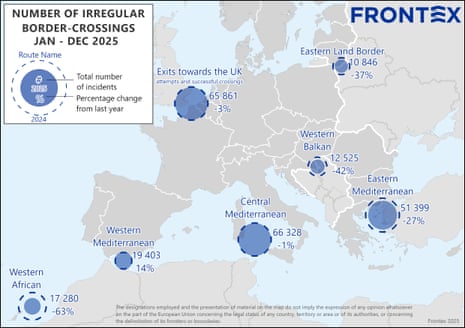 A map of irregular border crossings between January and December 2025