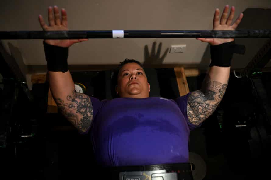Watson bench presses early in the morning at his home gym in Brisbane.