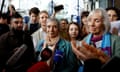 Anne Mahrer and Rosmarie Wyder-Walti, of the Swiss elderly women group Senior Women for Climate Protection, talk to journalists after the verdict of the court in the climate case