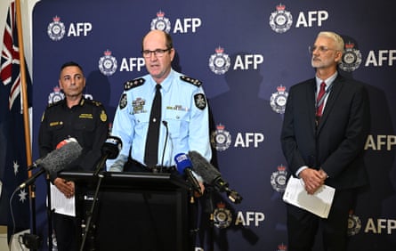 Australian Border Force commander Troy Sokoloff (left), AFP commander Stephen Jay Stephen Jay (centre), and the AFP’s Troy Pukallus (right) at a press conference