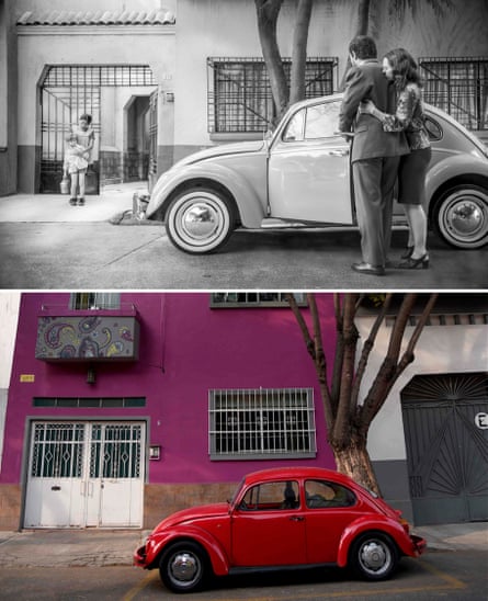 Scene from Roma, set in 1970 Mexico City, and a contemporary shot of the same neighbourhood.