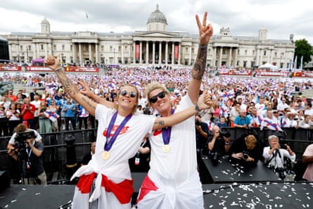 Rachel Daly and Millie Bright celebrate during the England women’s team celebration at Trafalgar Square after England’s Euro 2022 victory