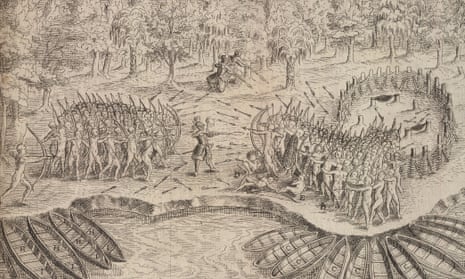 A 1613 engraving of the July 1609 battle between Samuel de Champlain, his men, their Native allies, and Mohawk soldiers
