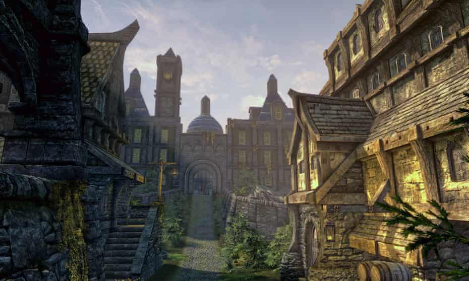 A view of the Blue Palace in the fictional, fantastical continent of Skyrim.