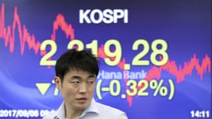 A currency trader walks by the screens showing the Korea Composite Stock Price Index (KOSPI) at the foreign exchange dealing room in Seoul, South Korea, today.