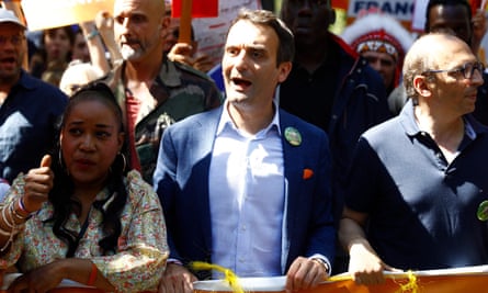 Florian Philippot, the leader of nationalist party Les Patriotes, at a demonstration in Paris on Saturday