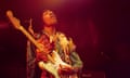 American rock guitarist and singer Jimi Hendrix performs live on stage playing a white Fender Stratocaster