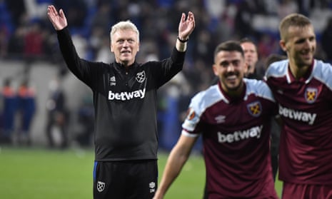David Moyes celebrates after West Ham reach the Europa League semi-final with a 3-0 win over Lyon