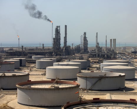 Crude oil storage tanks at Saudi Aramco’s Ras Tanura oil refinery and terminal. Saudi Aramco was responsible for 1.7bn tonnes of CO2 in 2024, according to the report.