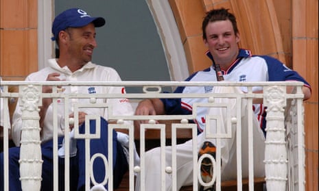 Nasser Hussain and Andrew Strauss after England had won the first Test match between England and New Zealand in May 2004.