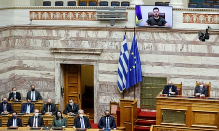 Zelenskiy addressing the Greek parliament earlier this month.