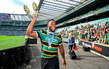 Emmanuel Iyogun celebrates after winning during the Gallagher Prem Rugby final against Exeter Chiefs at Twickenham.