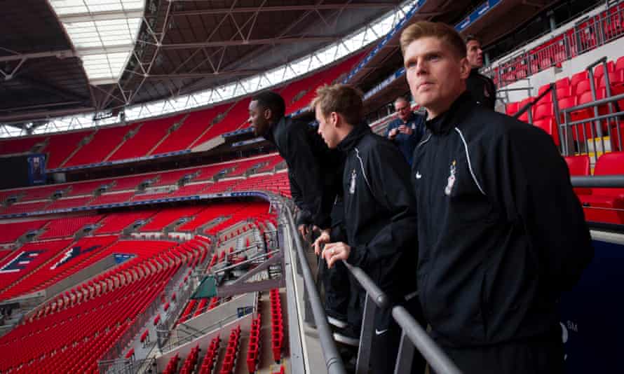 ‘Safe’ standing barriers are anything but, says former Wembley Stadium manager | Safe standing 2 Bradford City players at Wembley Stadium in 2013