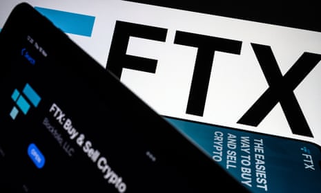 FTX logo and mobile app adverts on screens