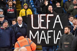 City fans stand display an anti-Uefa banner at the 2-0 win over West Ham.