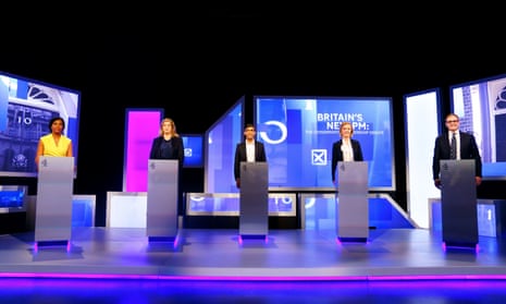 From left, Kemi Badenoch, Penny Mordaunt, Rishi Sunak, Liz Truss and Tom Tugendhat before the live television debate for the candidates on Friday. 