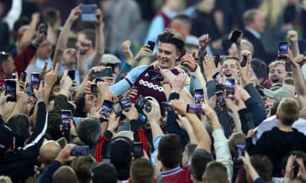 Jack Grealish enjoys the celebrations after Aston Villa beat Middlesbrough in the Championship play-off semi-finals. Villa lost the final to Fulham