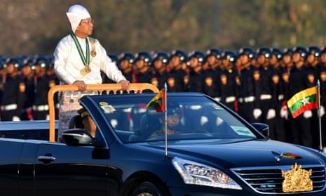 Myanmar's Min Aung Hlaing oversees an independence day parade on 4 January, 2023.