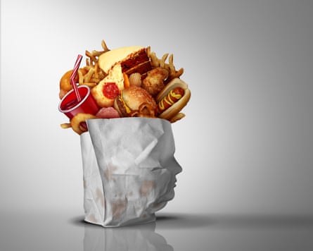 A computer-generated image of various junk foods crammed into a paper bag, with one side looking like the profile of a face