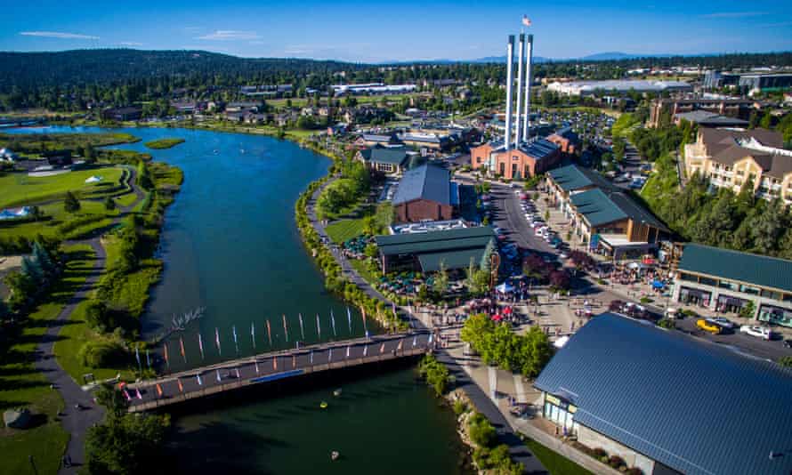Aerial view of Bend’s Old Mill district and the Deschutes river.