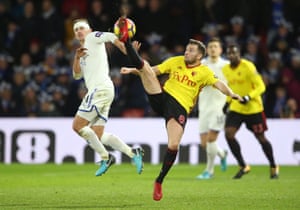 Watford’s Tom Cleverley, right and Leicester City’s Marc Albrighton tussle for the ball. Alas the visitors left Vicarage Road empty handed after Kasper Schmeichel’s error handed three points to the Hornets
