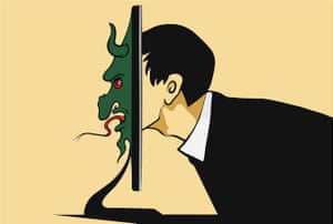 illustration of a man peering through a computer screen in profile and his face transforming into that of a demon