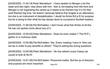WhatsApp exchanges between Lord Peter Mandelson and Pat McFadden.