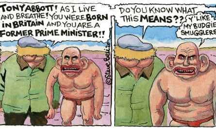 Un dessin animé représentant le Premier ministre australien Tony Abbott dans des contrebandiers de perruches mens baigneurs