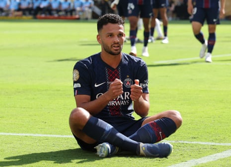 Paris St Germain’s Goncalo Ramos celebrates scoring their 4th extremity against Real Madrid.