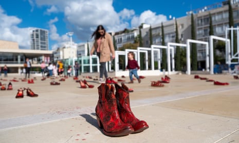 Red shoes on display in Tel Aviv as part of the protest calling for an end to violence against women.