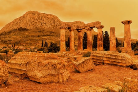 Saharan dust covers the Temple of Apollo in Corinth
