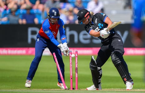 Izzy Sharp of New Zealand Women is bowled by Sophie Ecclestone.