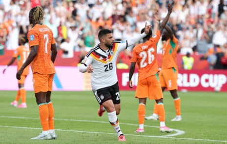 Deniz Undav celebrates scoring during the group E match between Germany and Cote d’Ivoire.