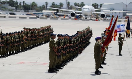 Israeli soldiers take part in a dress rehearsal of the ceremony that will welcome Donald Trump upon his arrival at Ben Gurion International airport.