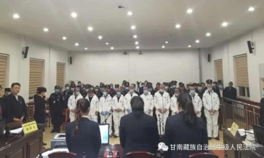 Tibetan land protesters, all aged between 50 and 70, are shown at their trial in a court in Gansu’s Sangchu county, on 29 June 2020.
