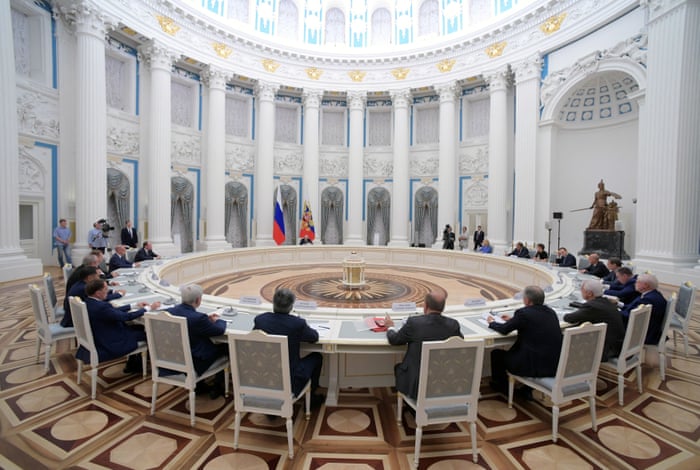 Russian President, Vladimir Putin, attends a meeting with parliamentary leaders in Moscow.